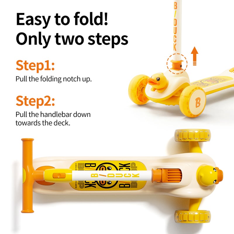 B.Duck - 3 wheel kids scooter, Adjustable Handle Kick Scooter with LED PU Wheels, Yellow, 3-8 Y - Image 5